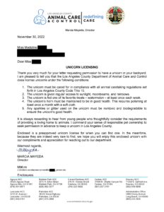 A formal response letter from Los Angeles County granting a unicorn license and outlining regulations for unicorn care.
