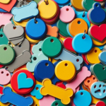 A colorful assortment of variously shaped pet ID tags, including hearts, circles, bones, and nameplates, scattered across a surface.