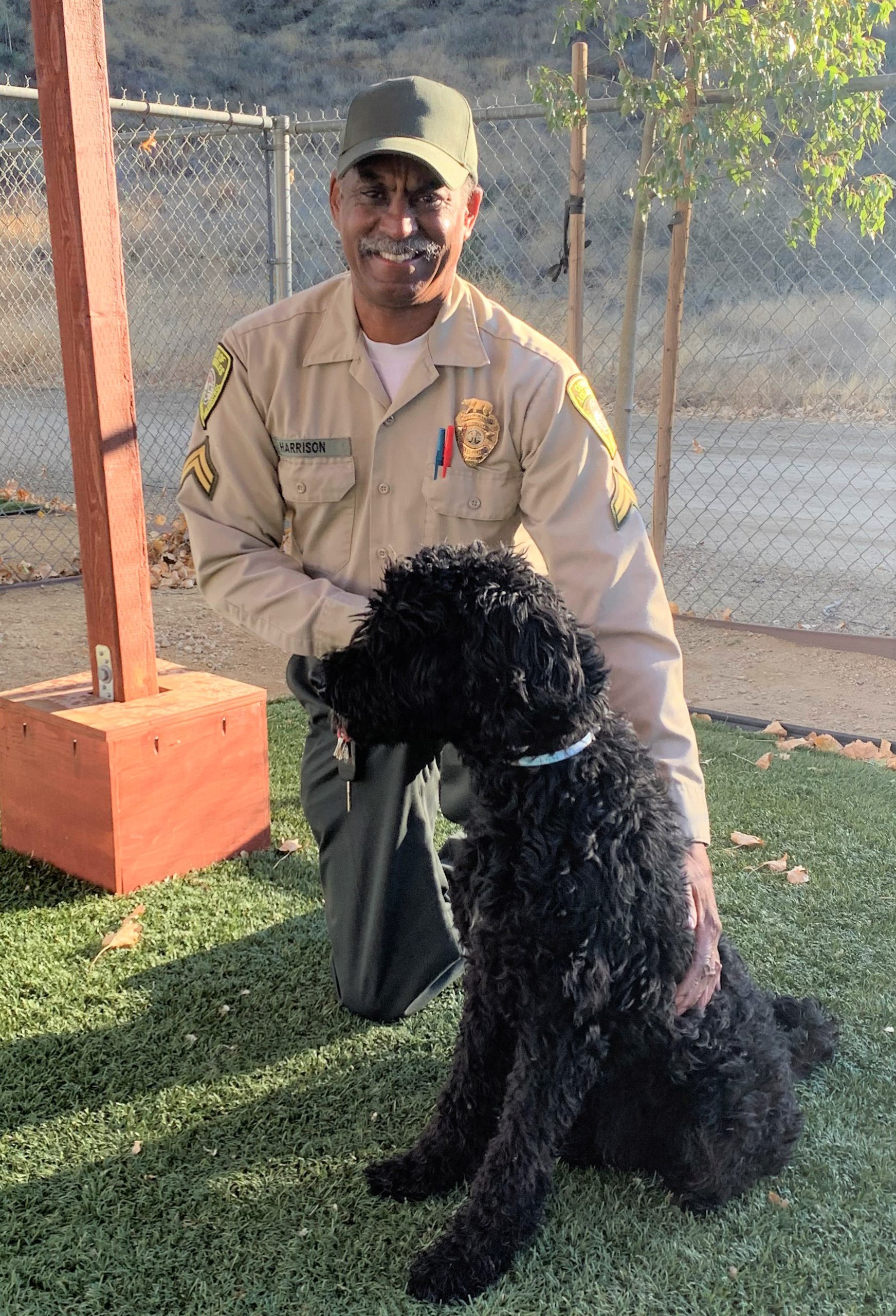 Animal Control Officer kneeling down with black furry poodle mixed dog