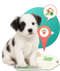 : Cute black-and-white puppy with a colorful GPS location pin and map-themed graphic, representing finding a nearby animal care center.